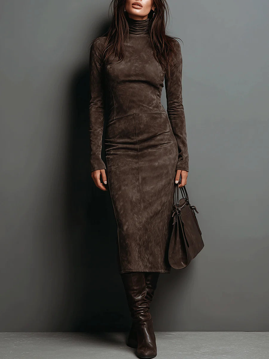 Women's midi dress in brown with a tailored waist, styled for casual and smart-casual outfits.