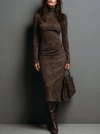 Women's midi dress in brown with a tailored waist, styled for casual and smart-casual outfits.