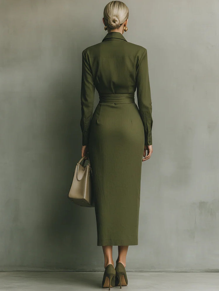 Women's wrap dress in green with a tailored waist, styled for casual and smart-casual outfits.