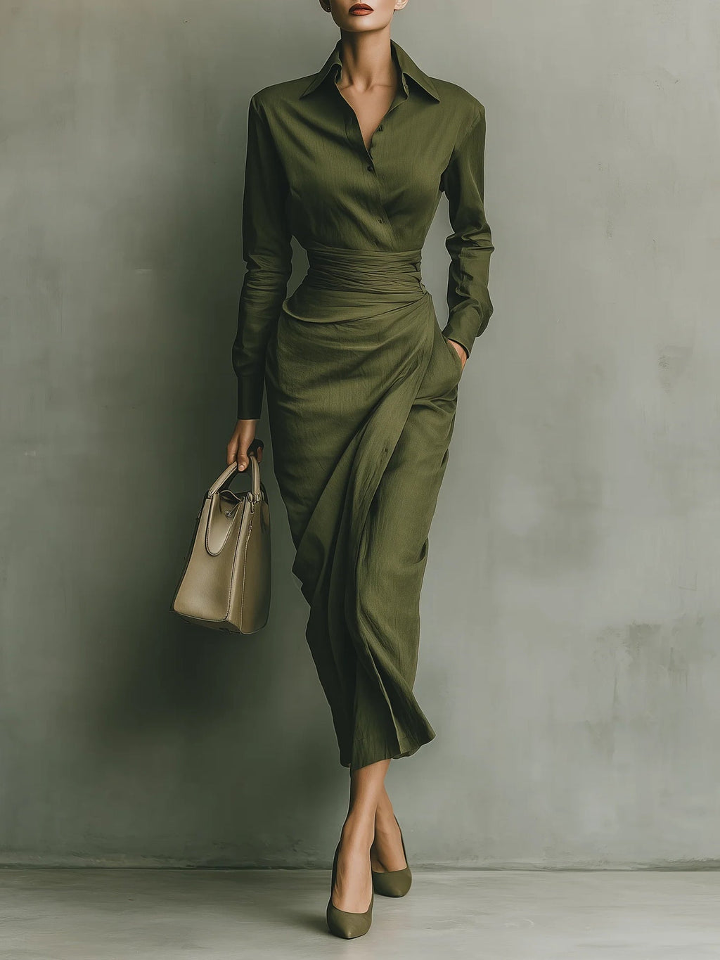 Women's wrap dress in green with a tailored waist, styled for casual and smart-casual outfits.