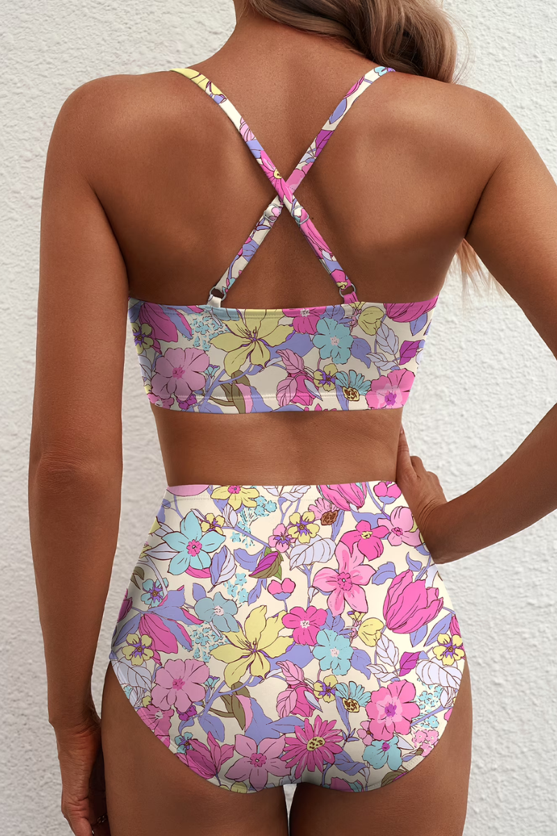 Women's bikini set in green with high-waisted bottoms, styled for beach and poolside outfits.
