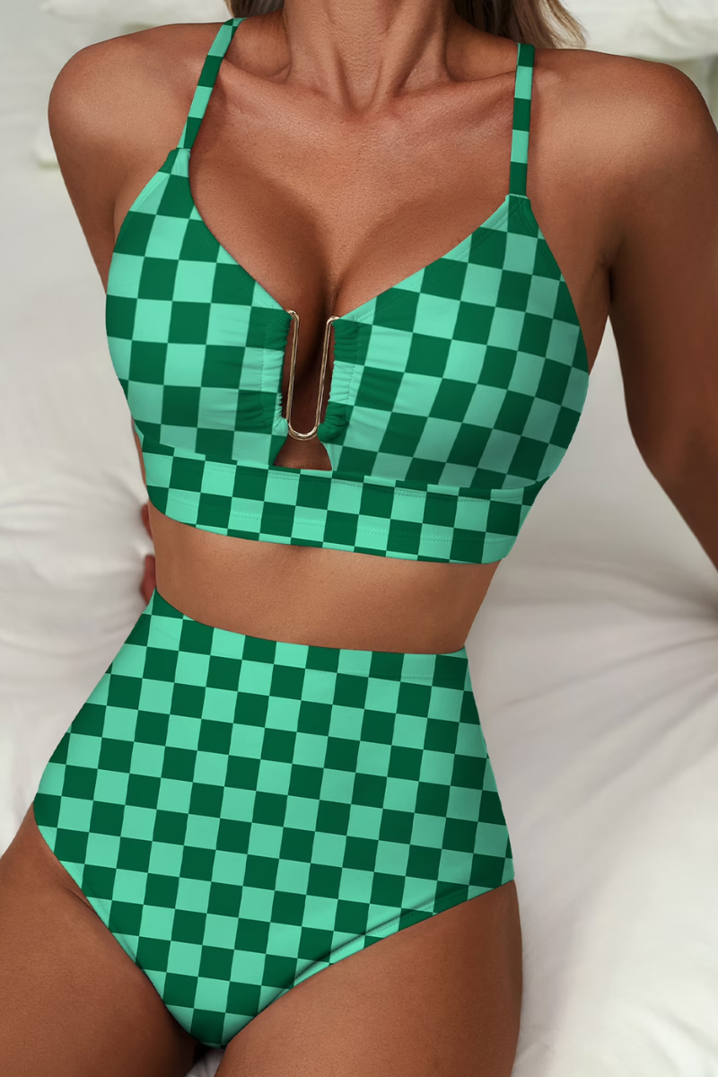 Women's bikini set in green with high-waisted bottoms, styled for beach and poolside outfits.