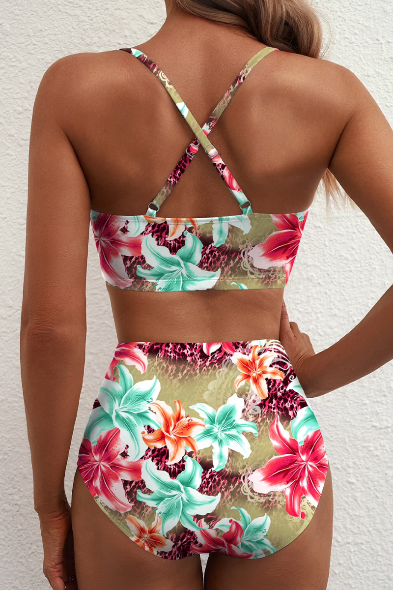 Women's bikini set in green with high-waisted bottoms, styled for beach and poolside outfits.