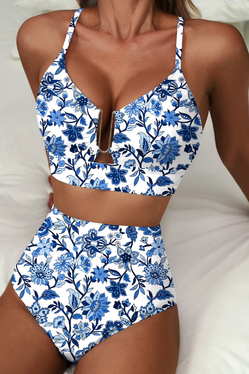 Women's bikini set in green with high-waisted bottoms, styled for beach and poolside outfits.