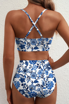 Women's bikini set in green with high-waisted bottoms, styled for beach and poolside outfits.