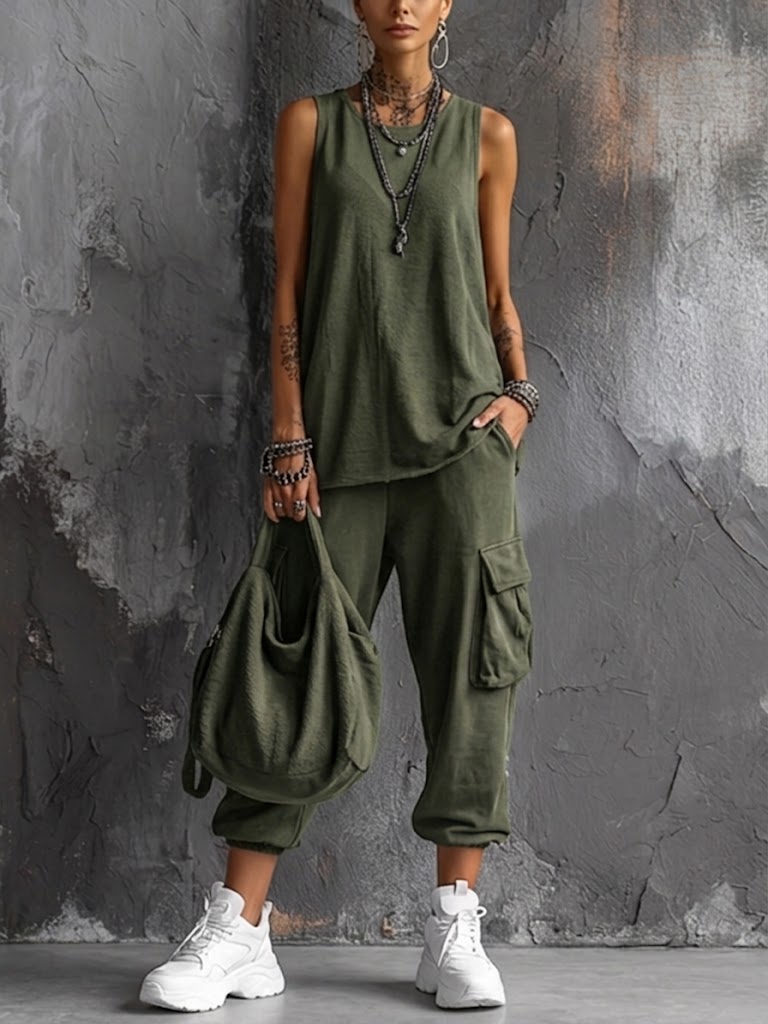 Women's two-piece casual set in army green with wide leg trousers, styled for casual and smart-casual outfits.