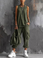 Women's two-piece casual set in army green with wide leg trousers, styled for casual and smart-casual outfits.