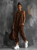 Women's two-piece casual set in brown with wide leg trousers, styled for casual and smart-casual outfits.