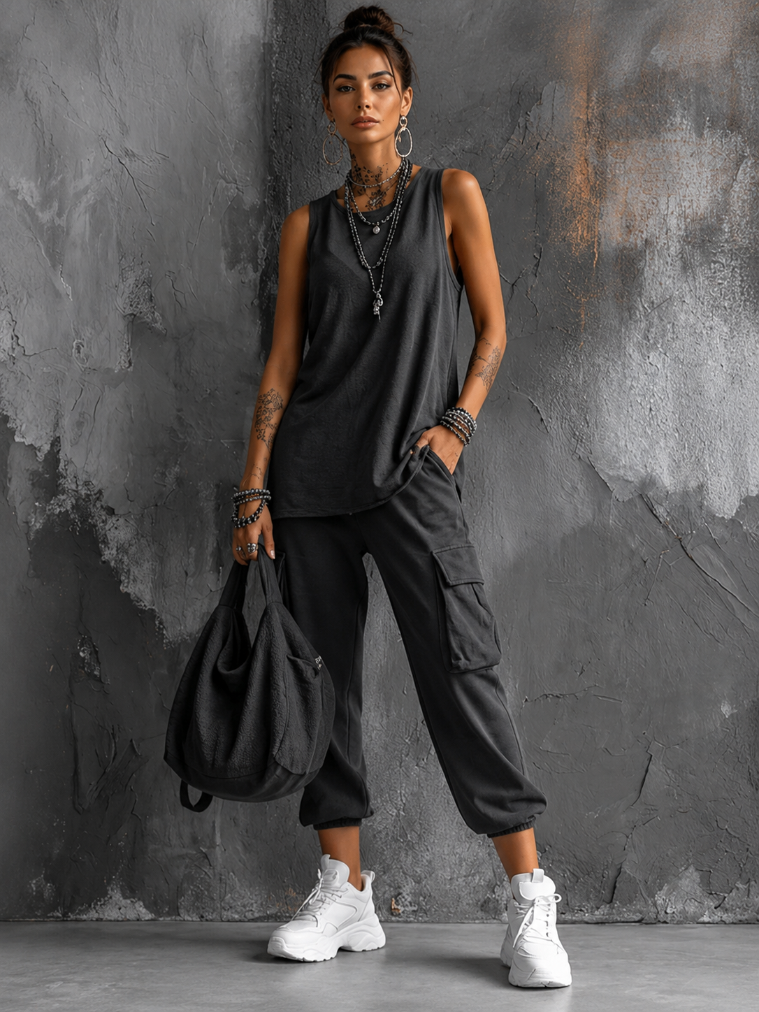 Women's two-piece casual set in grey with sleeveless top, styled for casual and smart-casual outfits.