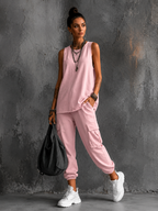 Women's two-piece casual set in pink with wide leg trousers, styled for casual and smart-casual outfits.