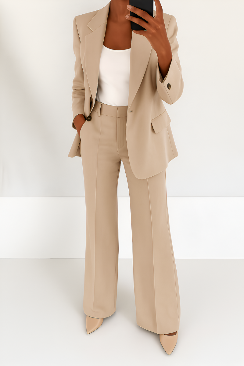 Women's two-piece suit set in beige with tailored blazer, styled for work and smart-casual outfits.