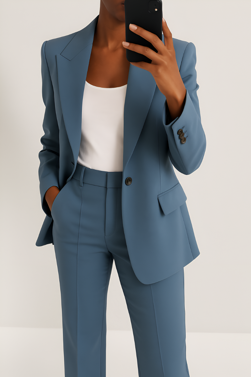 Women's two-piece suit set in blue with tailored blazer, styled for work and smart-casual outfits.