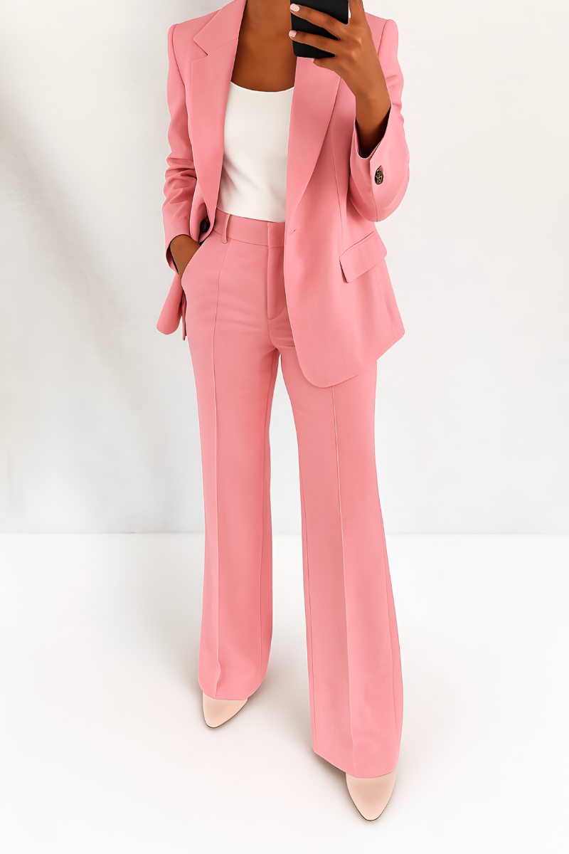 Women's two-piece suit set in pink with tailored blazer, styled for work and smart-casual outfits.