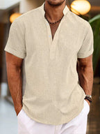 Men’s Classic Short Sleeve Henley Shirt for Summer Casual Wear Khaki