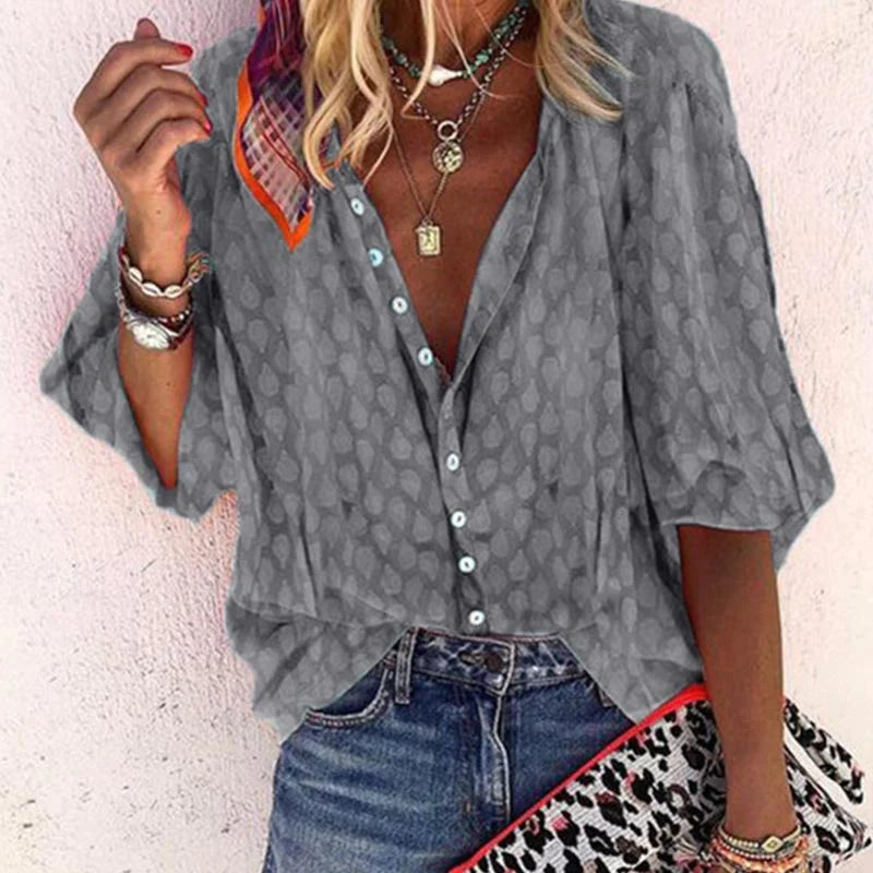 Women’s Printed Button Down Casual Blouse – Effortless Summer Style Gray