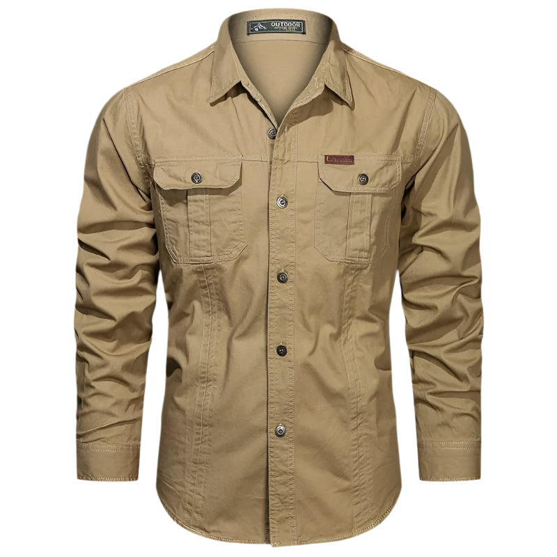 Men’s Sturdy Long-Sleeve Cargo Shirt with Pockets Khaki