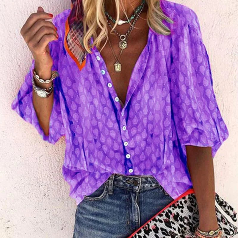 Women’s Printed Button Down Casual Blouse – Effortless Summer Style Purple
