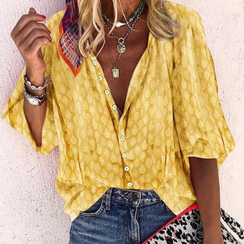 Women’s Printed Button Down Casual Blouse – Effortless Summer Style Yellow