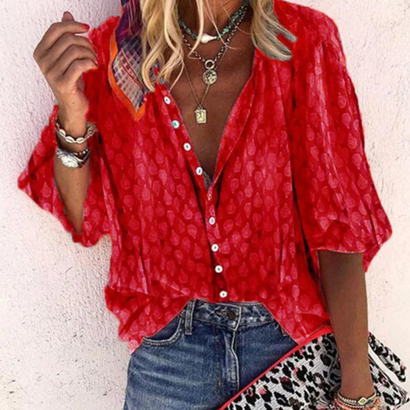 Women’s Printed Button Down Casual Blouse – Effortless Summer Style Red