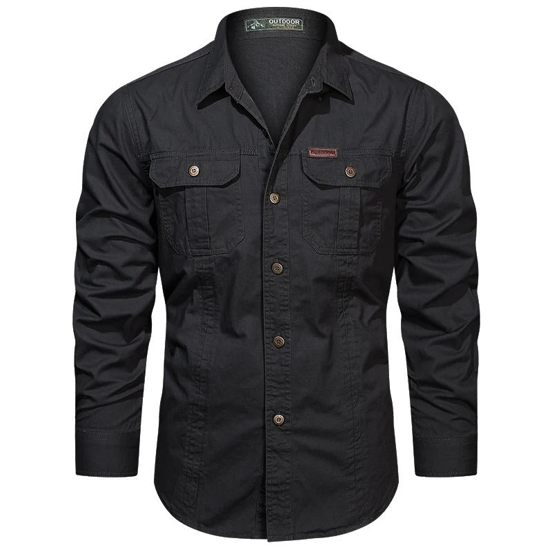 Men’s Sturdy Long-Sleeve Cargo Shirt with Pockets Black
