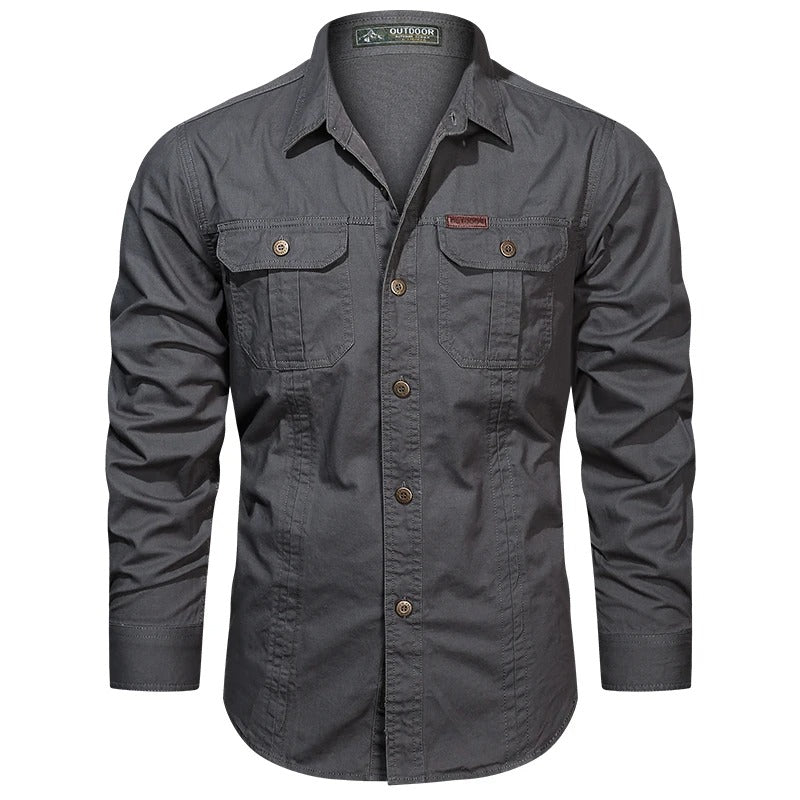 Men’s Sturdy Long-Sleeve Cargo Shirt with Pockets Grey
