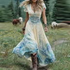 Women's boho dress in beige with pleated detail, styled for casual and smart-casual outfits.