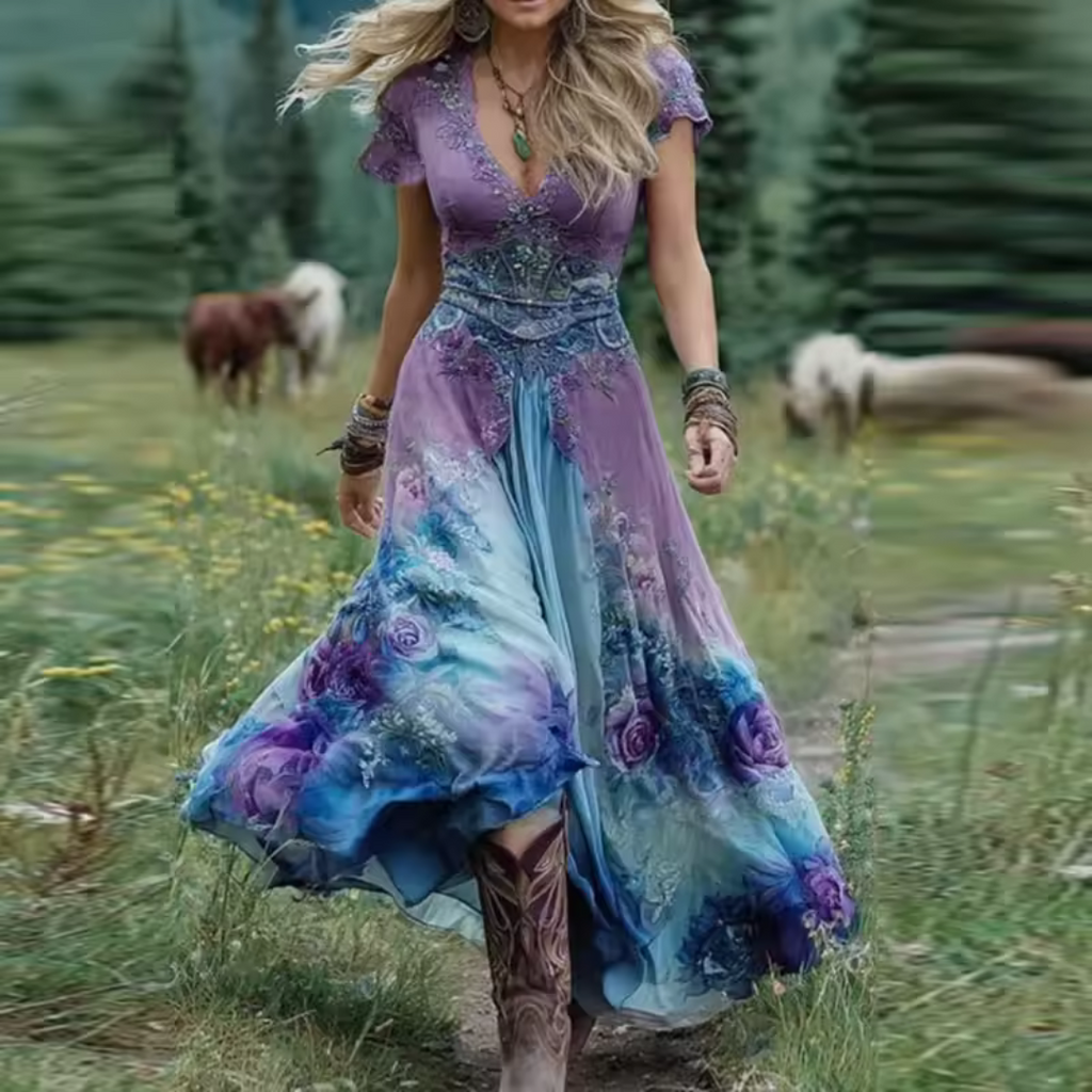 Women's boho dress in blue with floral print, styled for casual and smart-casual outfits.
