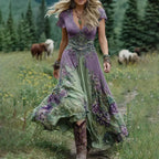 Women's boho dress in green with floral print, styled for casual and smart-casual outfits.