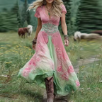 Women's boho dress in pink with floral print, styled for casual and smart-casual outfits.