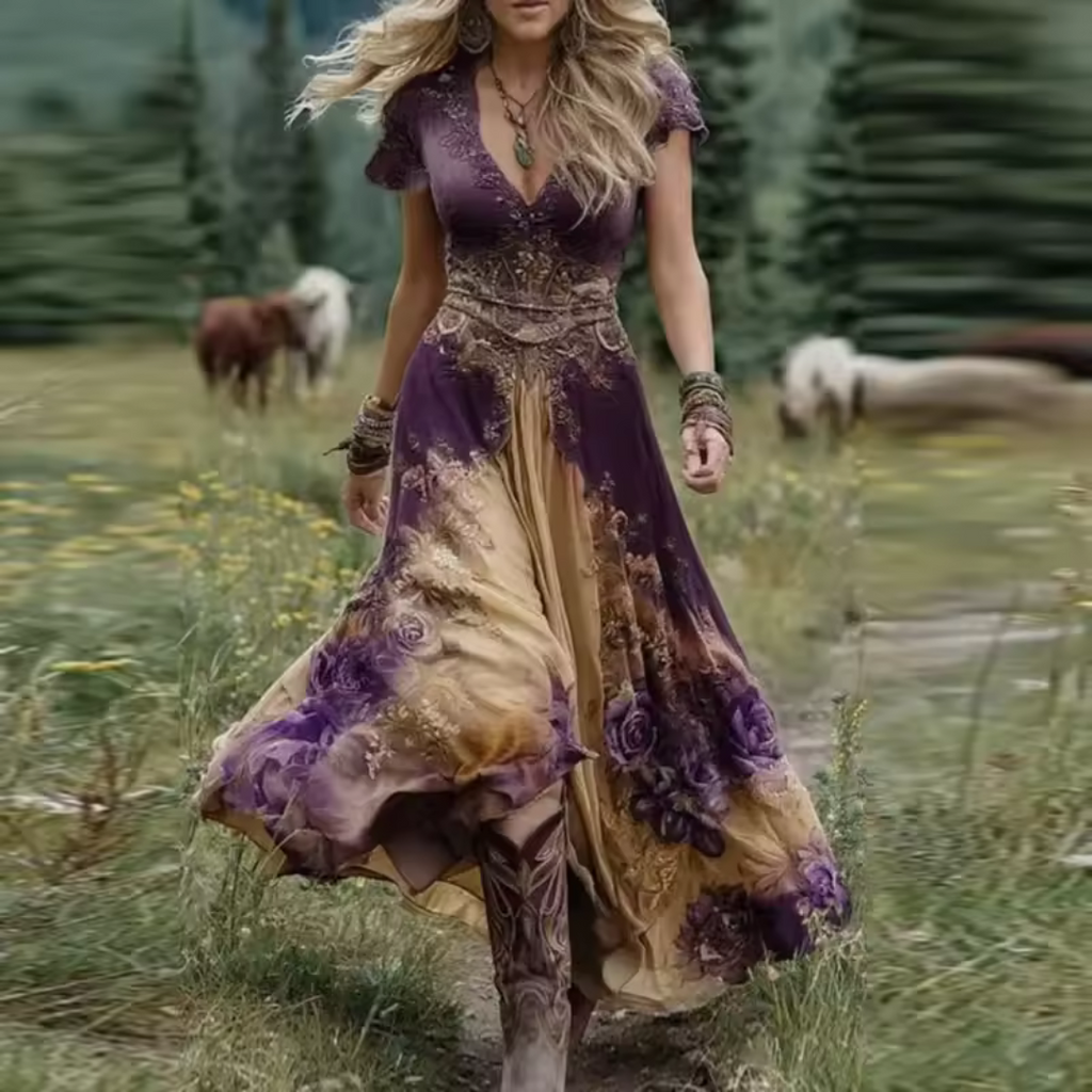 Women's boho dress in purple with pleated skirt, styled for casual and smart-casual outfits.