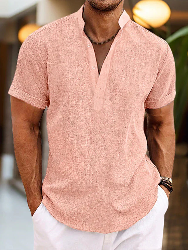 Men’s Classic Short Sleeve Henley Shirt for Summer Casual Wear Pink