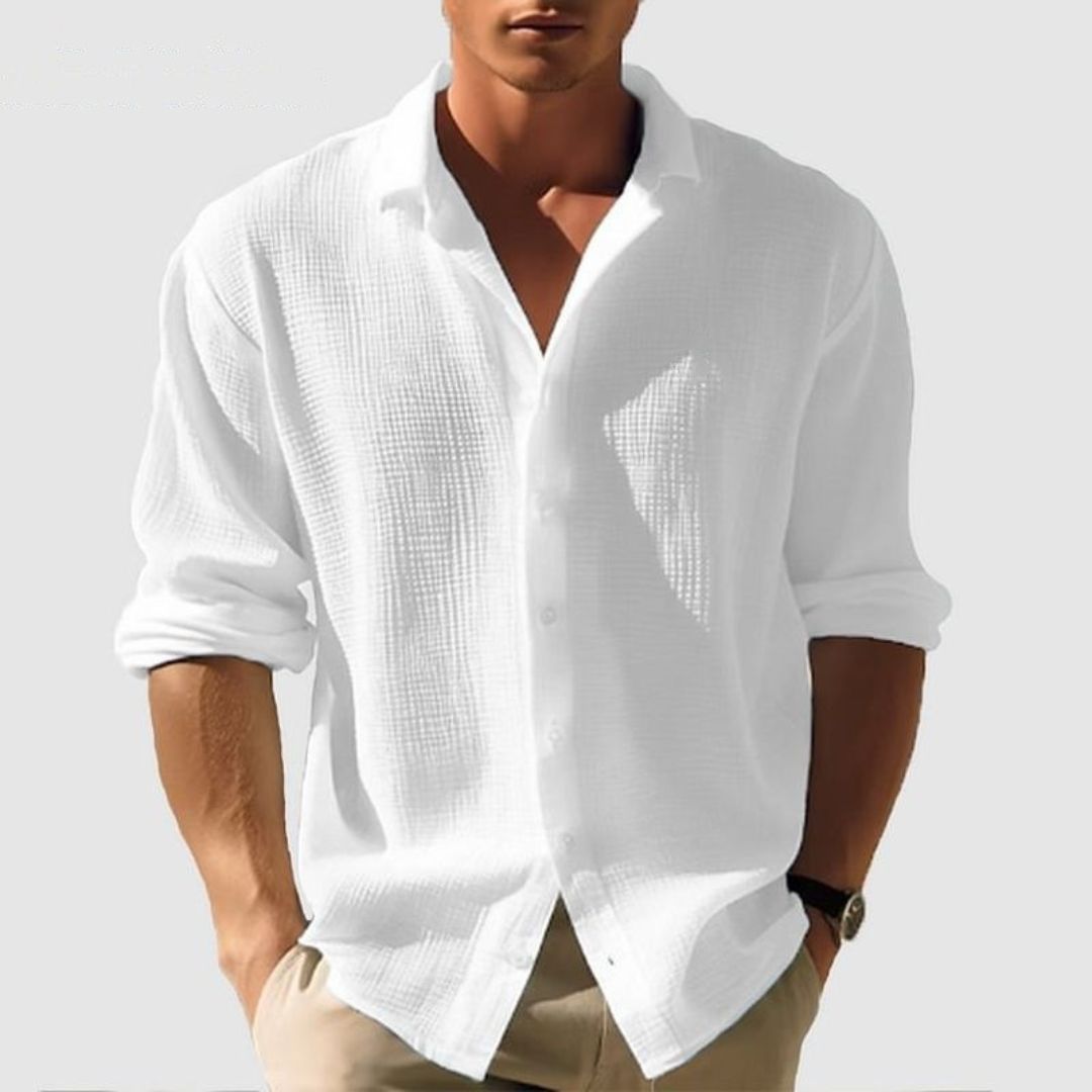 Men’s Casual Waffle Shirt with Long Sleeves White