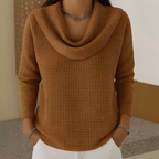 Women's waffle knit jumper in caramel with cowl neck, styled for casual and smart-casual outfits.