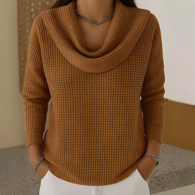 Women's waffle knit jumper in caramel with cowl neck, styled for casual and smart-casual outfits.