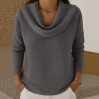 Women's waffle knit jumper in grey with cowl neck, styled for casual and smart-casual outfits.