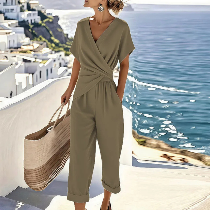 Women's jumpsuit in khaki with wide-leg trousers, styled for casual and smart-casual outfits.