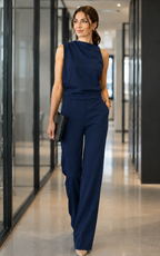 Women's sleeveless jumpsuit in navy with wide legs, styled for casual and smart-casual outfits.