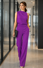 Women's sleeveless jumpsuit in purple with wide legs, styled for casual and smart-casual outfits.