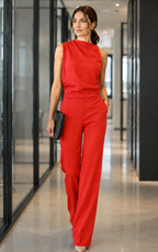 Women's sleeveless jumpsuit in red with wide legs, styled for casual and smart-casual outfits.