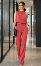 Women's sleeveless jumpsuit in rose red with wide legs, styled for casual and smart-casual outfits.