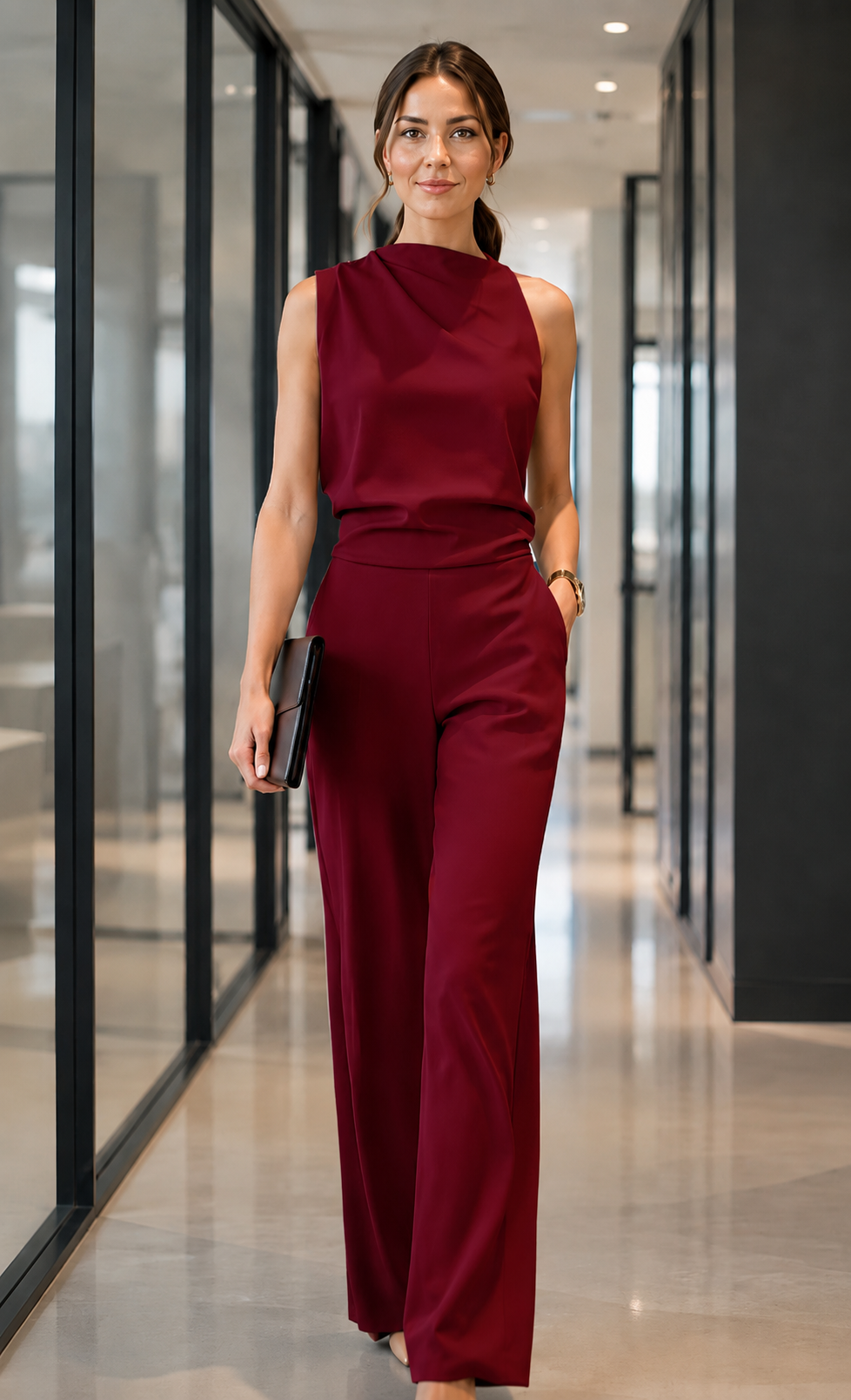 Women's sleeveless jumpsuit in wine red with wide legs, styled for casual and smart-casual outfits.