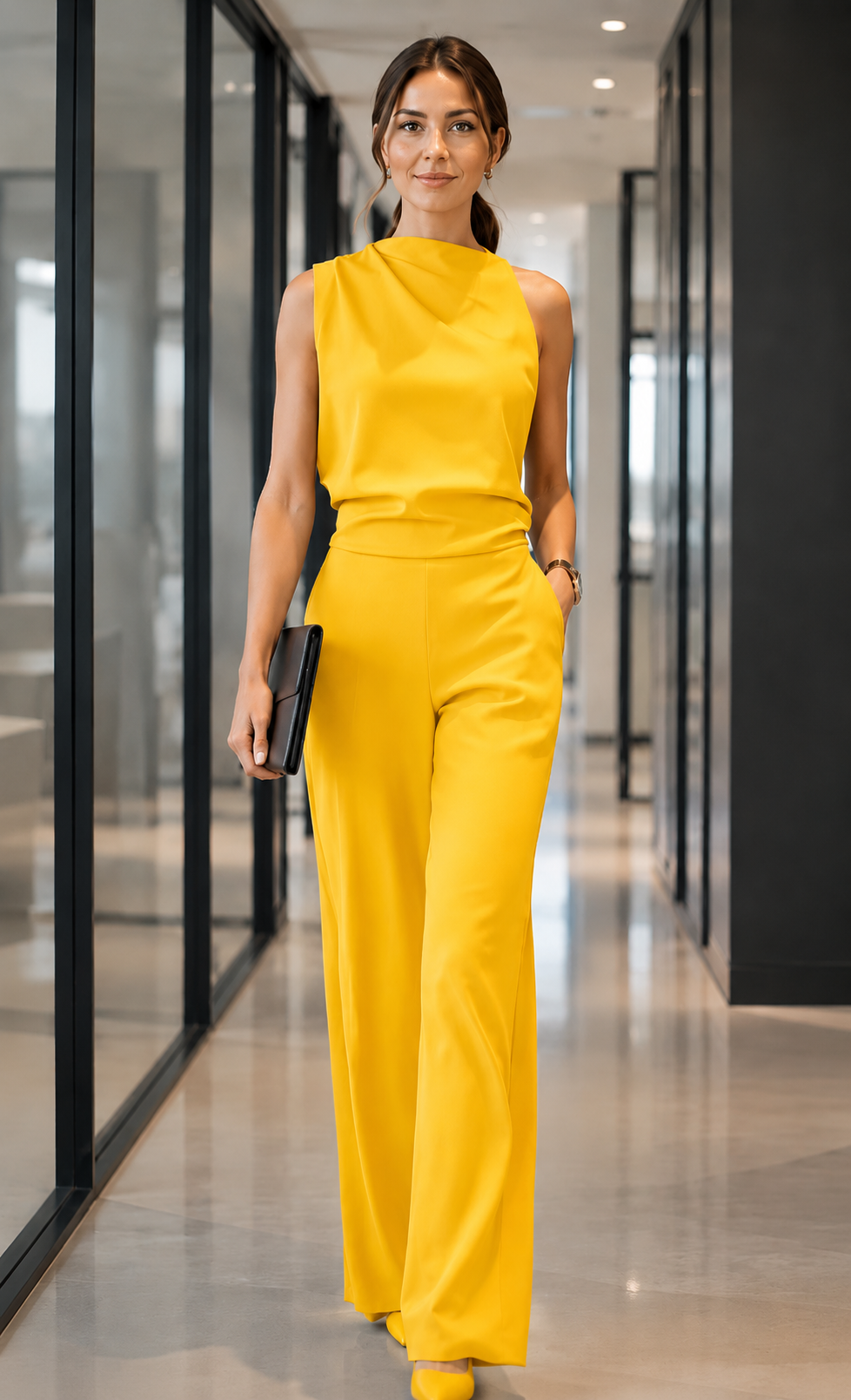 Women's sleeveless jumpsuit in yellow with wide legs, styled for casual and smart-casual outfits.