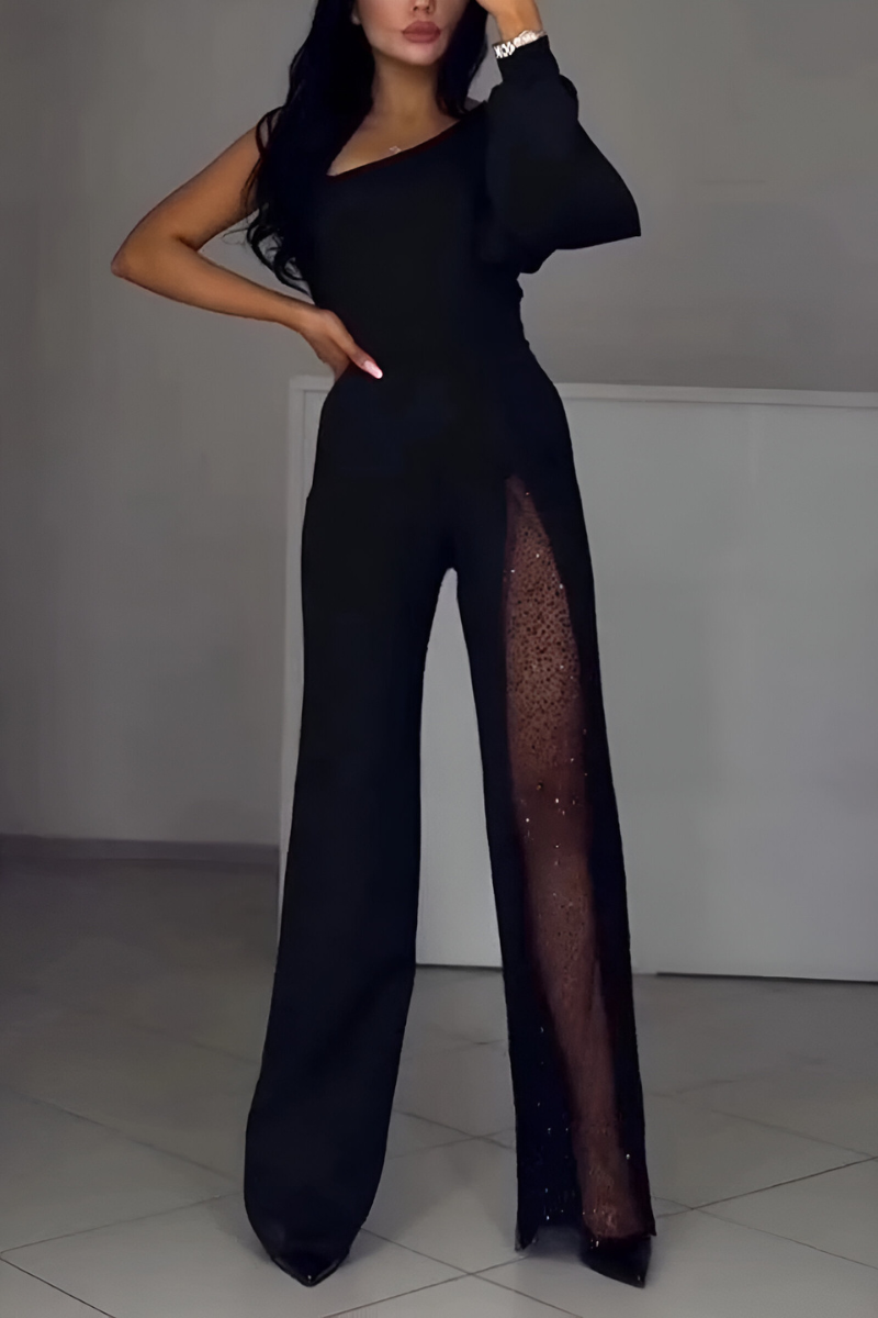 Women's jumpsuit in black with wide-leg trousers, styled for casual and smart-casual outfits.